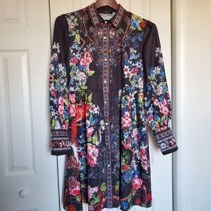 DALIA MACPHEE Shirt Dress Black Floral Long Sleeve XL Button Tailored Collar